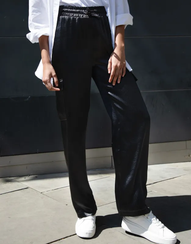 Women's Black Satin Utility Cargo Pocket Combat Trousers made by Threadbare