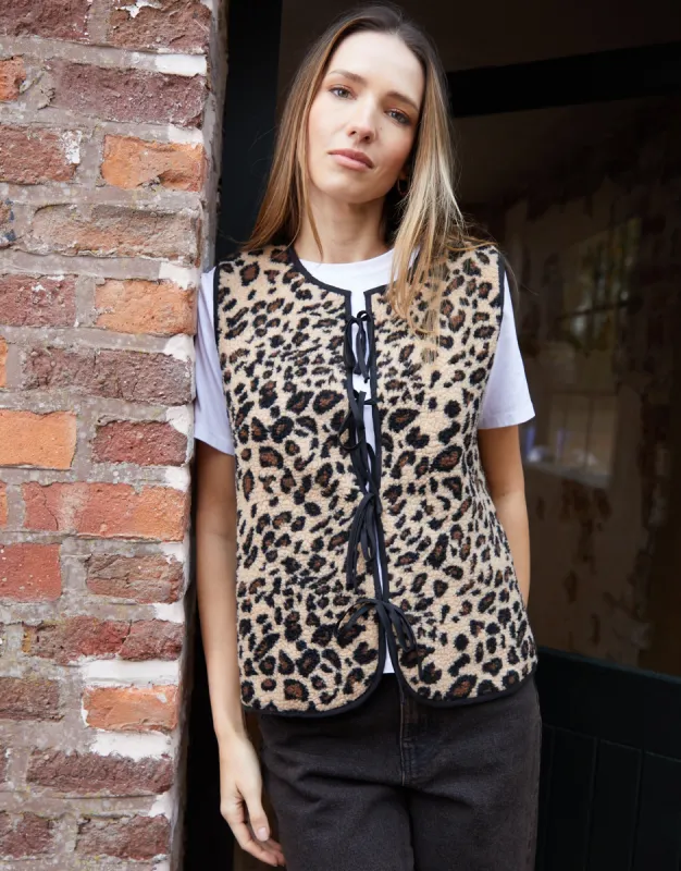 Threadbare Women's Leopard Print Tie Front Borg Gilet sold by Threadbare