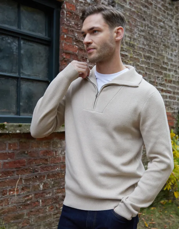 Ecru Rib Panel Quarter Zip Jumper sold by Threadbare