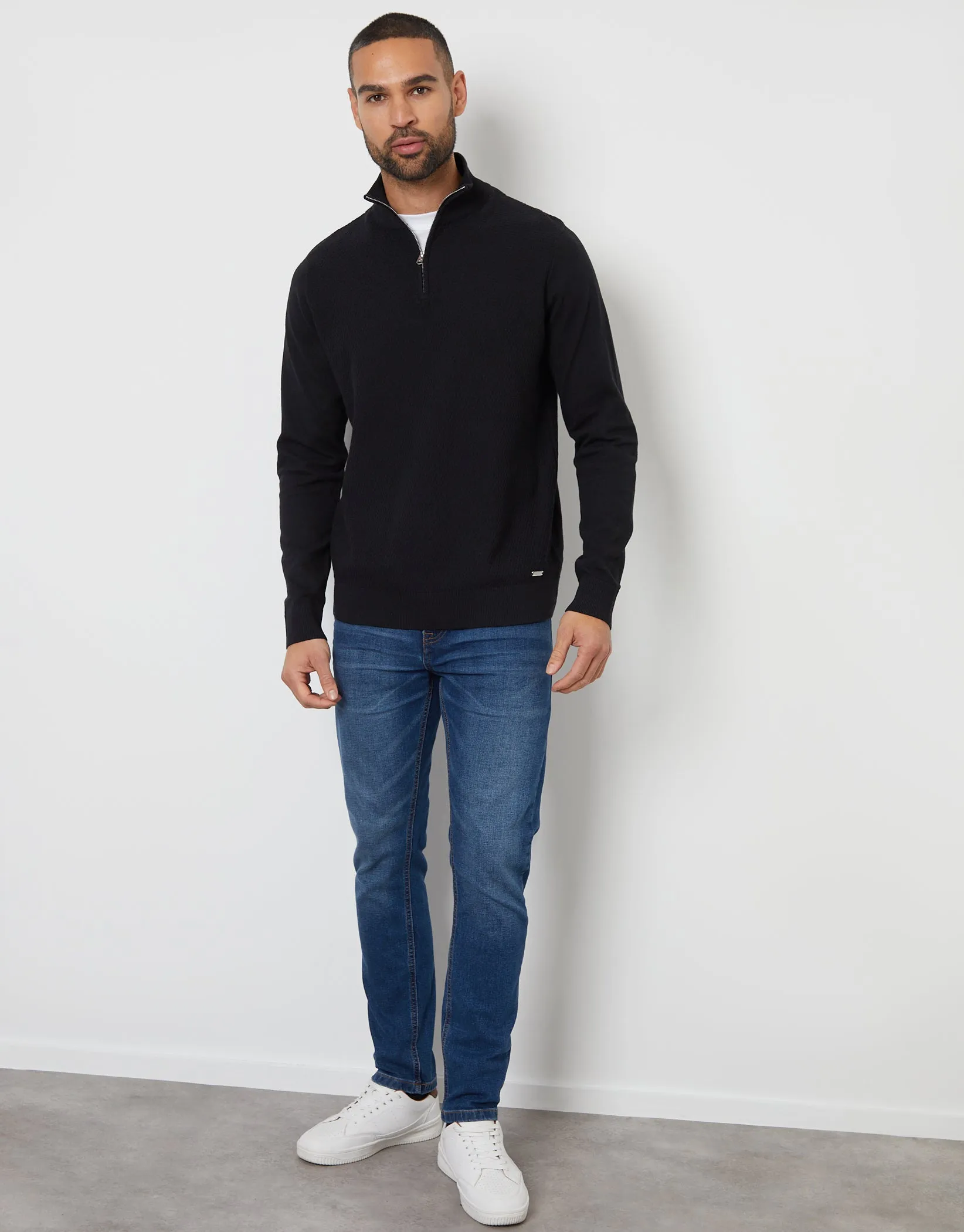 Threadbare Men's Black Basket Stitch Mock T-Shirt Quarter Zip Jumper sold by Threadbare product image thumbnail 3