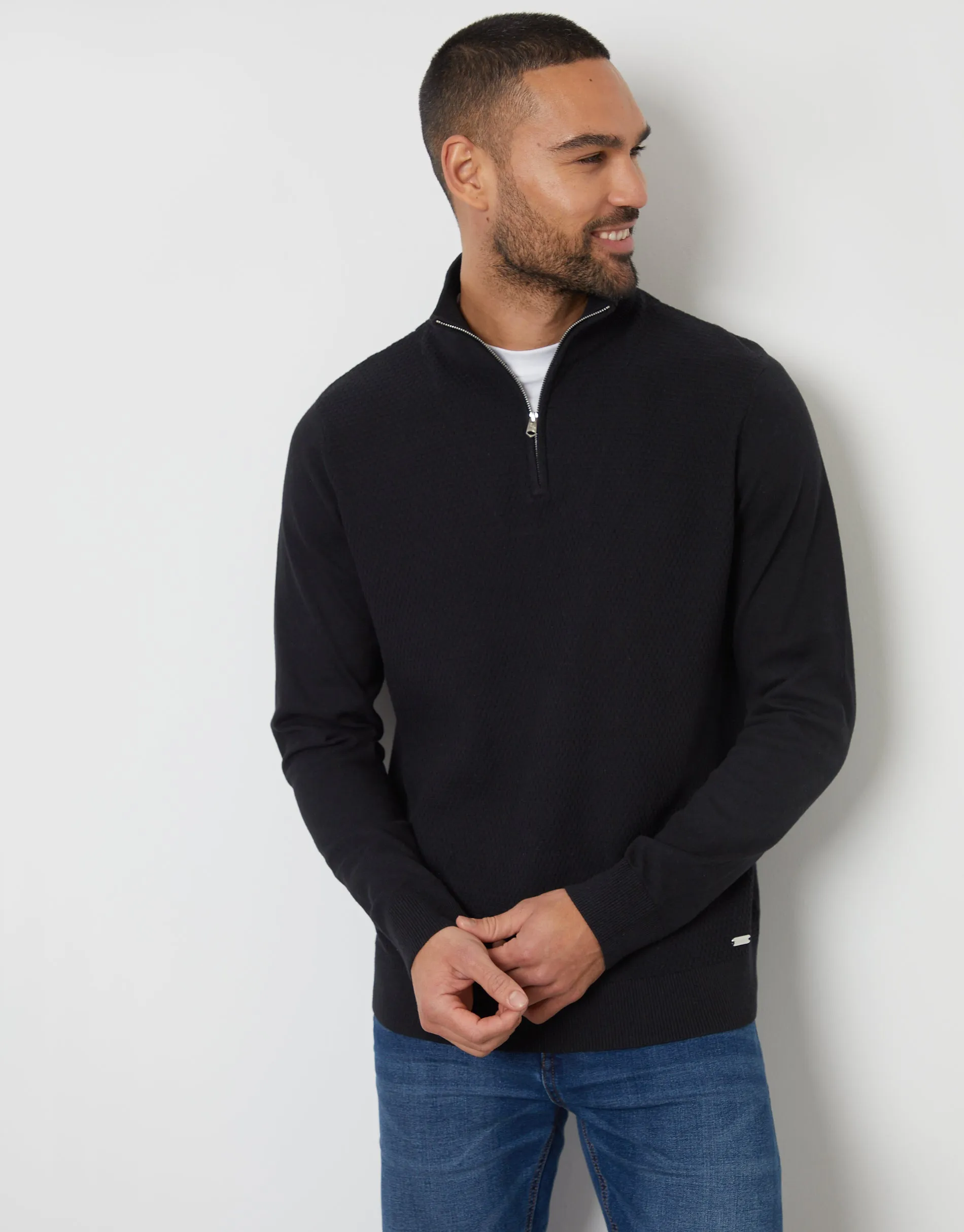 Threadbare Men's Black Basket Stitch Mock T-Shirt Quarter Zip Jumper sold by Threadbare