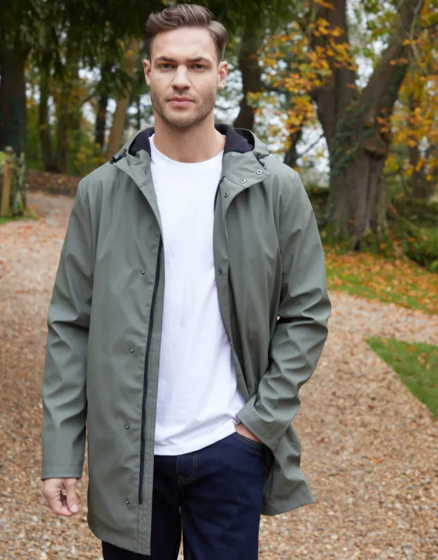 Khaki Green Microfleece Lined Longline Hooded Raincoat sold by Threadbare