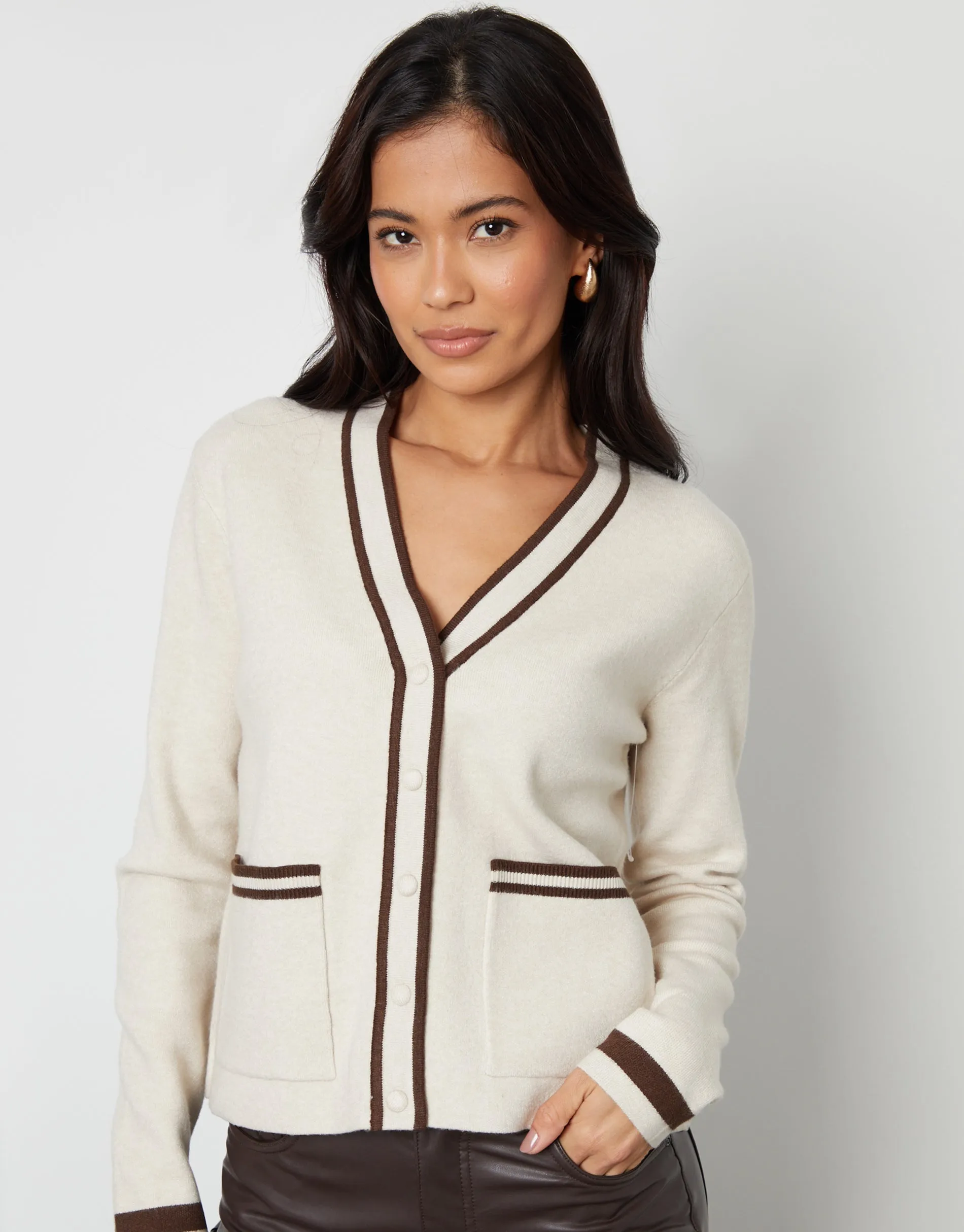 Threadbare Women's Stone Contrast Edge Knitted Cardigan sold by Threadbare