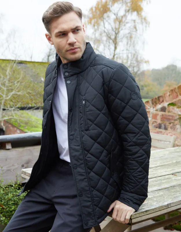 Black Funnel Neck Diamond Quilted Jacket sold by Threadbare