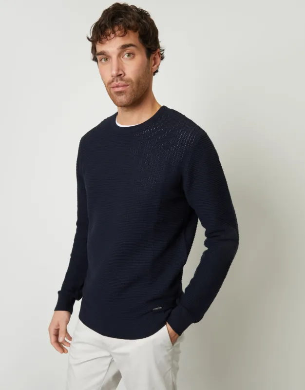 Threadbare Men's Navy Crochet Knit Crew Neck Jumper sold by Threadbare