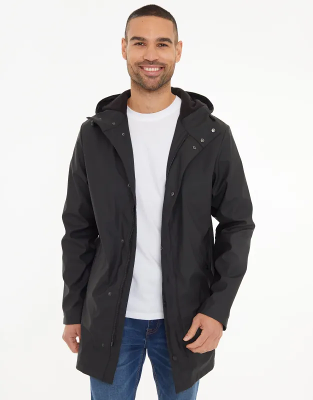 Black Microfleece Lined Longline Hooded Raincoat sold by Threadbare