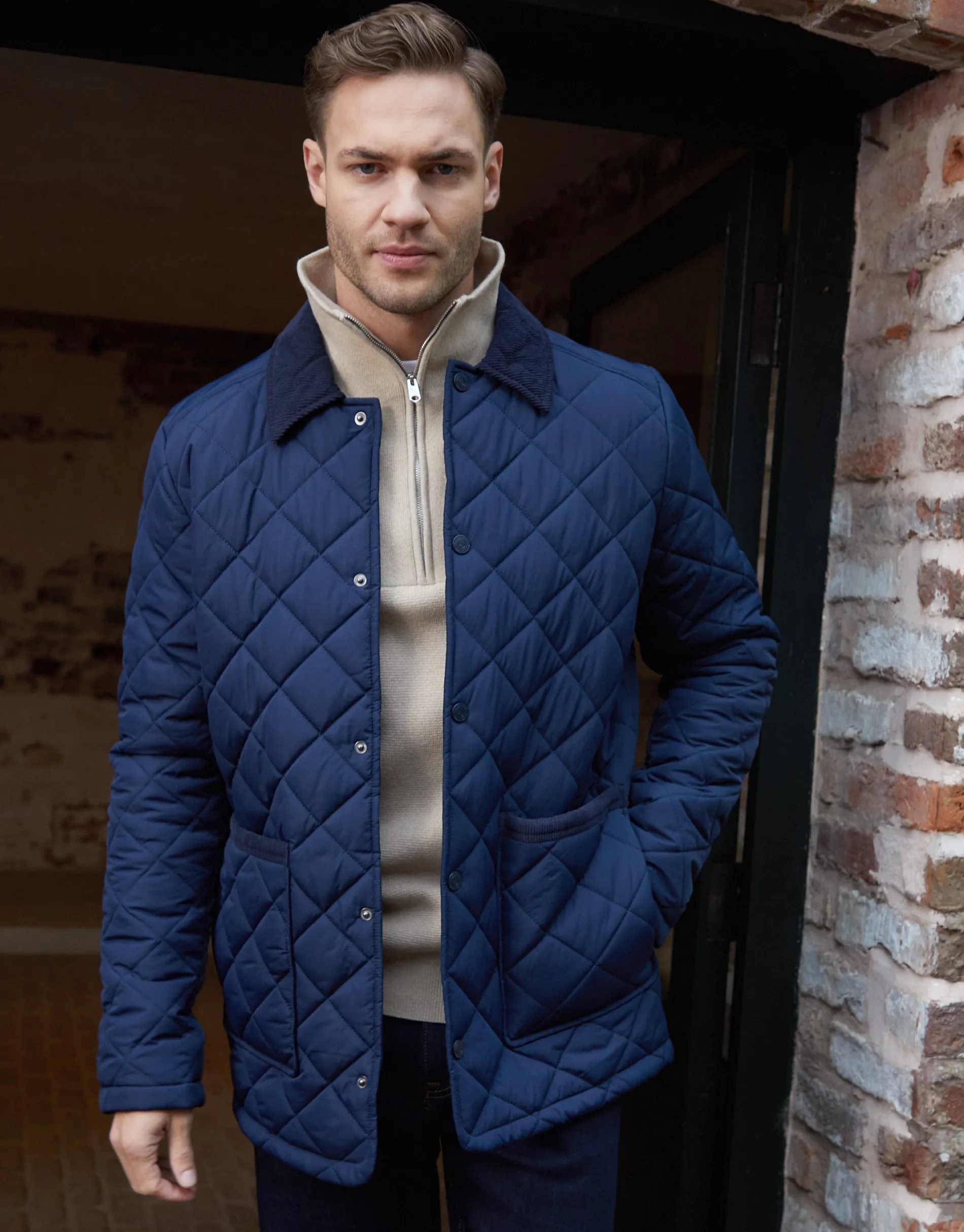 Navy Diamond Quilted Collared Patch Pocket Jacket sold by Threadbare