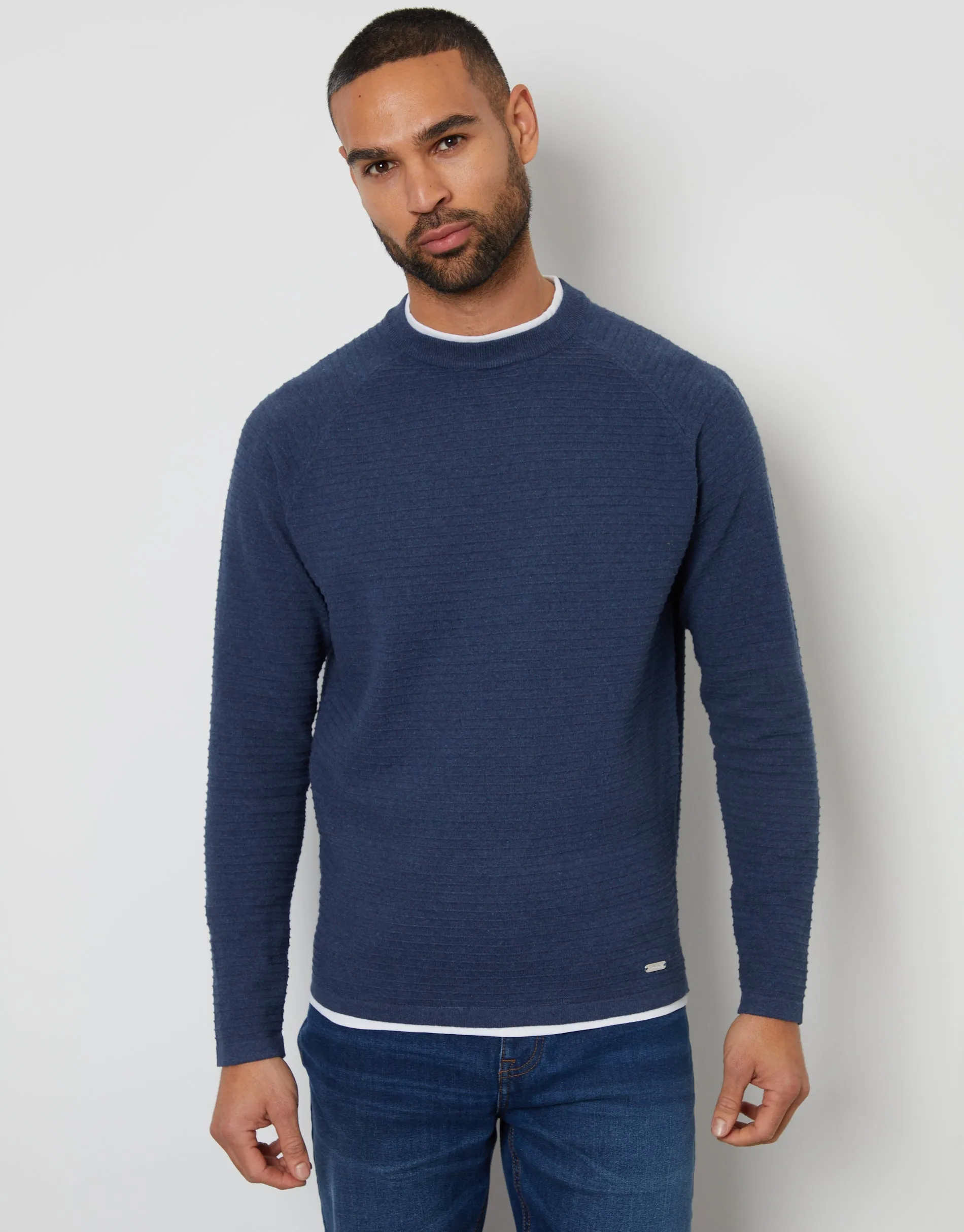 Threadbare Men's Denim Blue Textured Raglan Mock T-Shirt Crew Neck Jumper sold by Threadbare