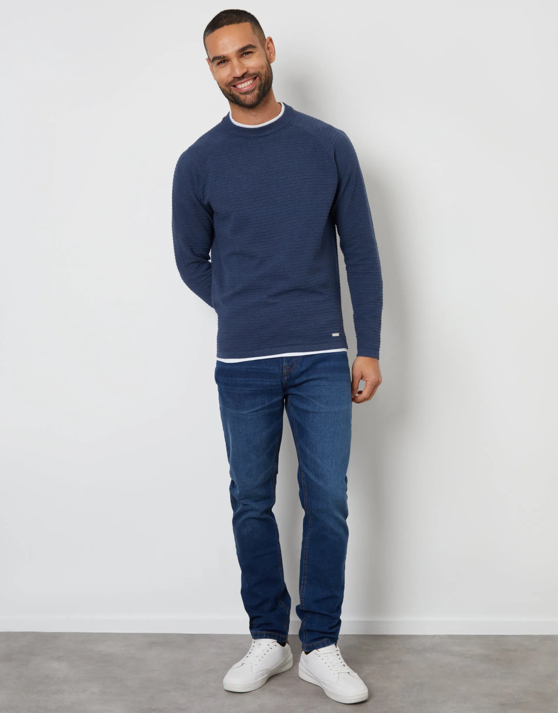 Threadbare Men's Denim Blue Textured Raglan Mock T-Shirt Crew Neck Jumper sold by Threadbare product image thumbnail 3