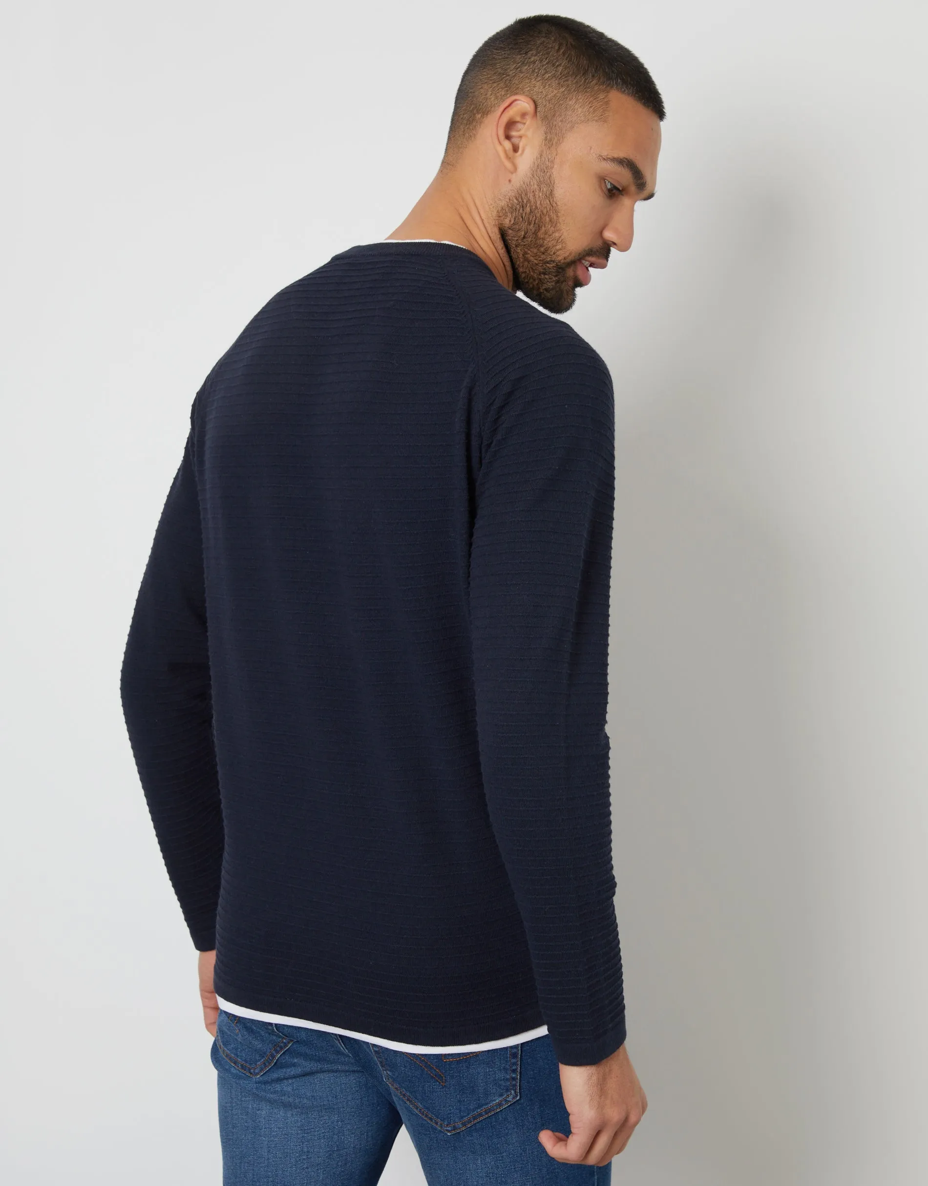 Threadbare Men's Navy Textured Raglan Mock T-Shirt Crew Neck Jumper sold by Threadbare product image thumbnail 3
