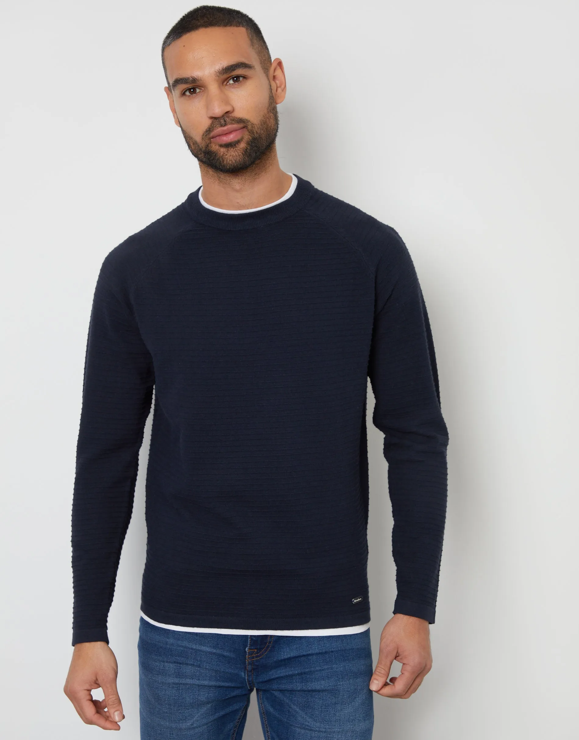 Threadbare Men's Navy Textured Raglan Mock T-Shirt Crew Neck Jumper sold by Threadbare