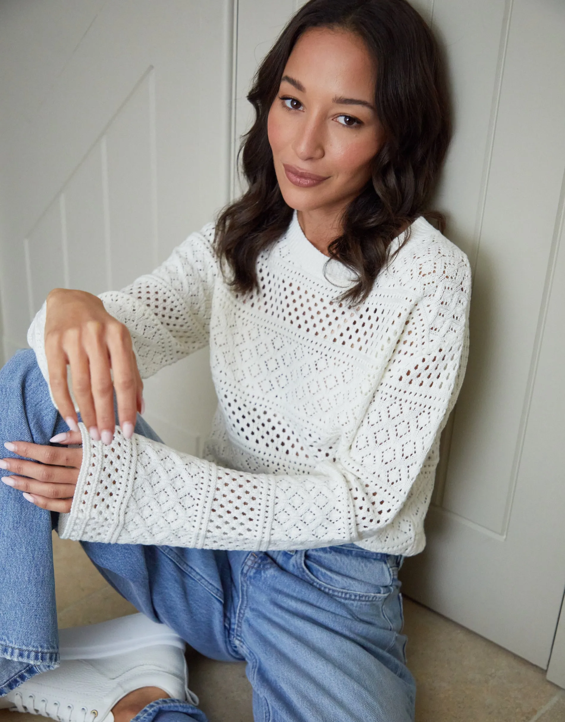 Long Sleeve Crochet Style Jumper in Cream sold by Threadbare product image thumbnail 4