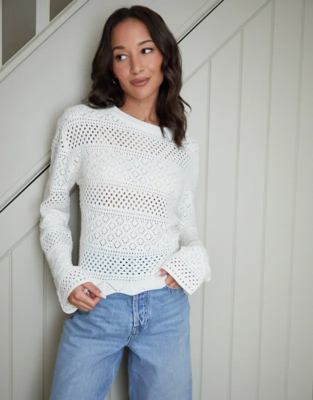 Long Sleeve Crochet Style Jumper in Cream made by Threadbare