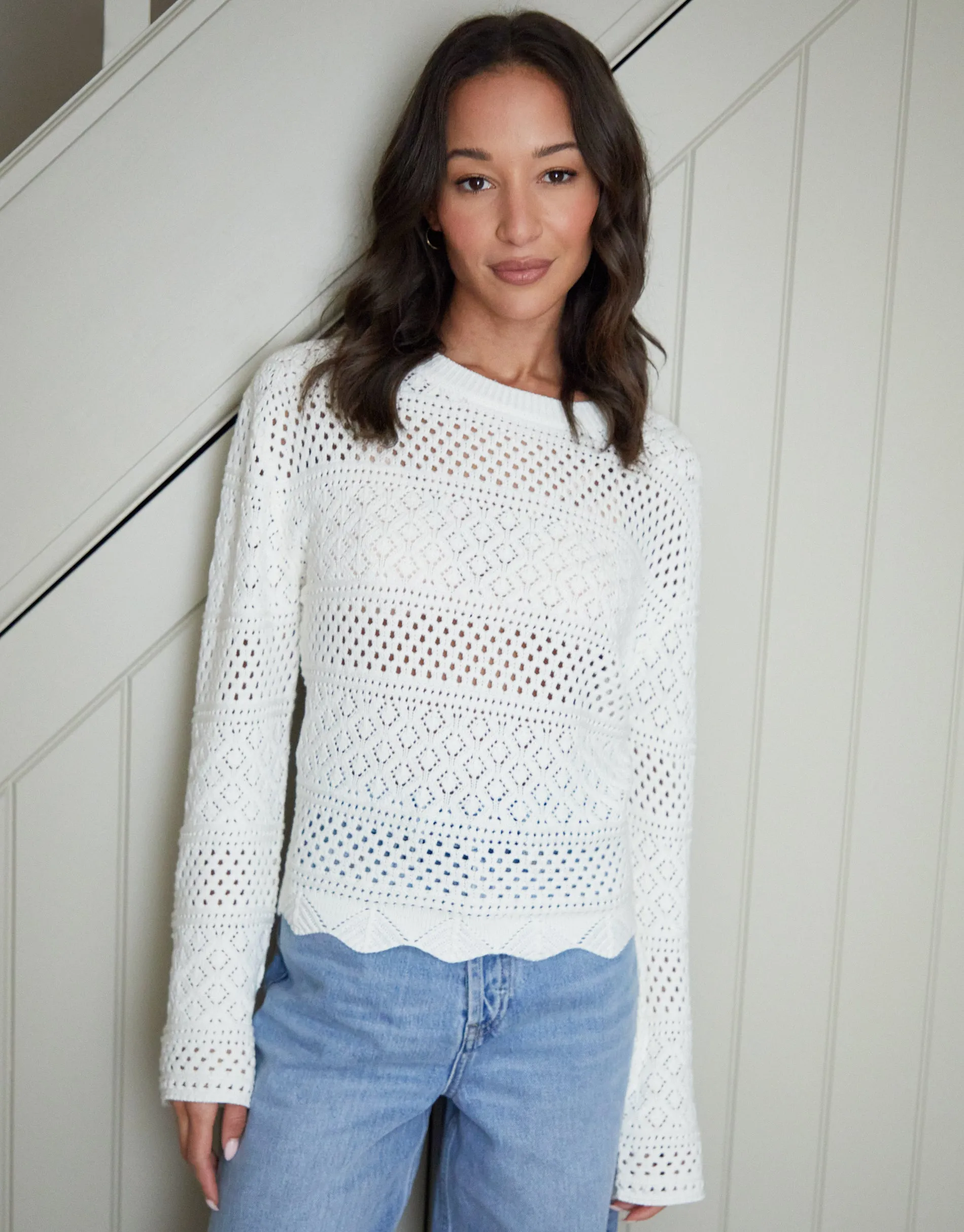Long Sleeve Crochet Style Jumper in Cream sold by Threadbare product image thumbnail 3