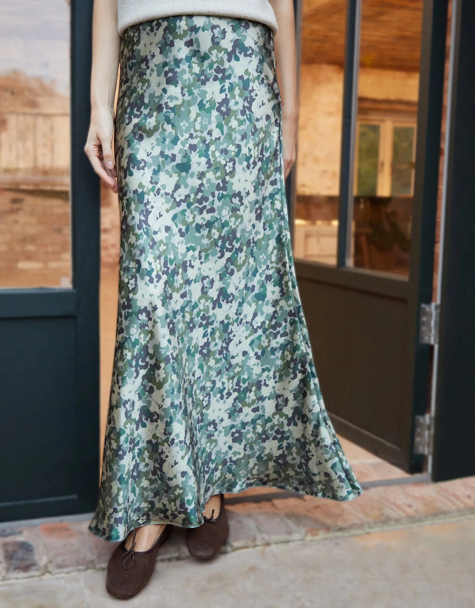 Threadbare Women's Green Camo Print Maxi Satin Slip Skirt sold by Threadbare