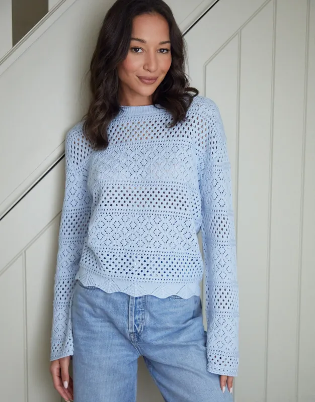 Threadbare Women's Blue Long Sleeve Pointelle Crochet Knit Jumper sold by Threadbare