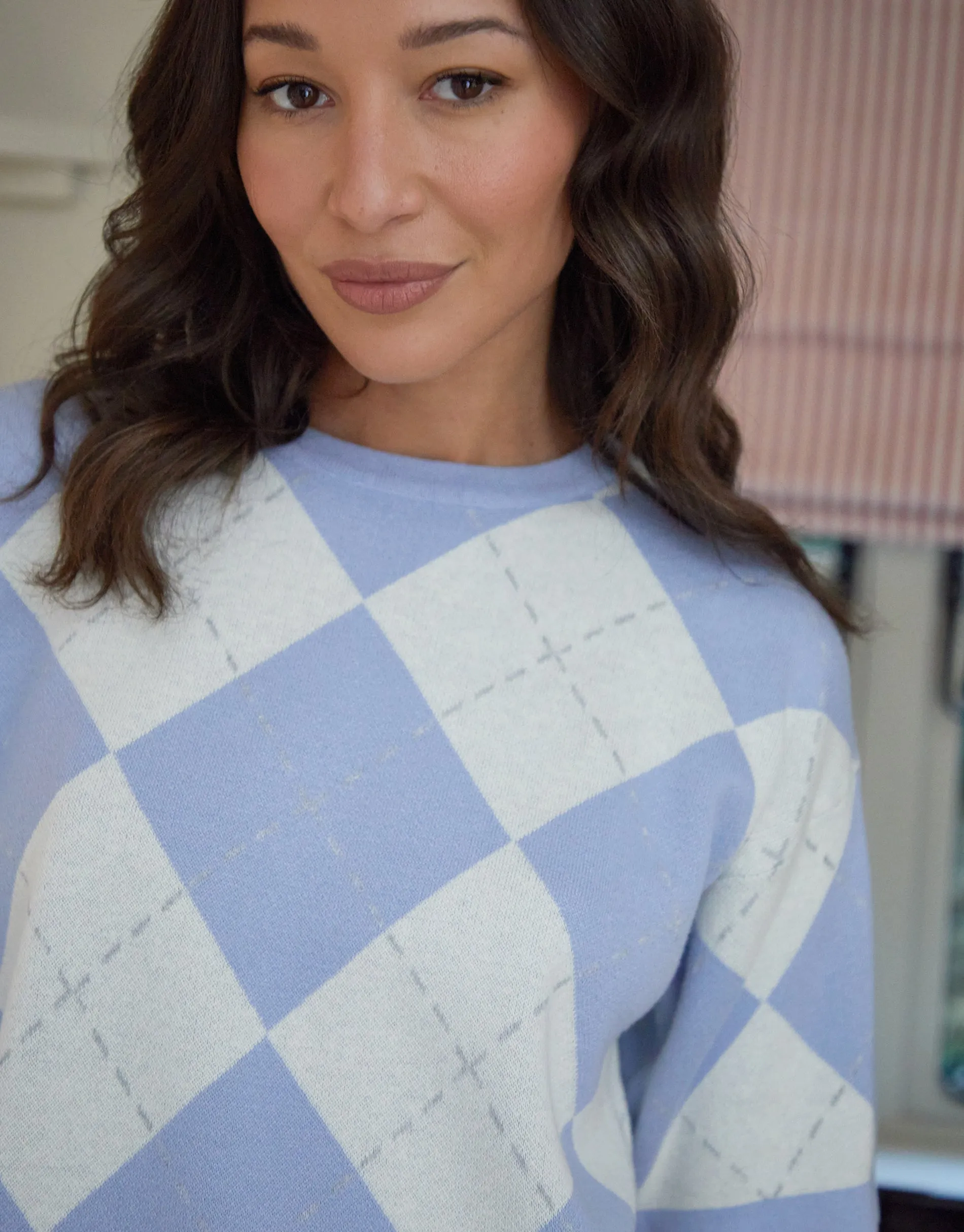 Threadbare Women's Blue Argyle Short Sleeve Knitted T-Shirt sold by Threadbare product image thumbnail 3