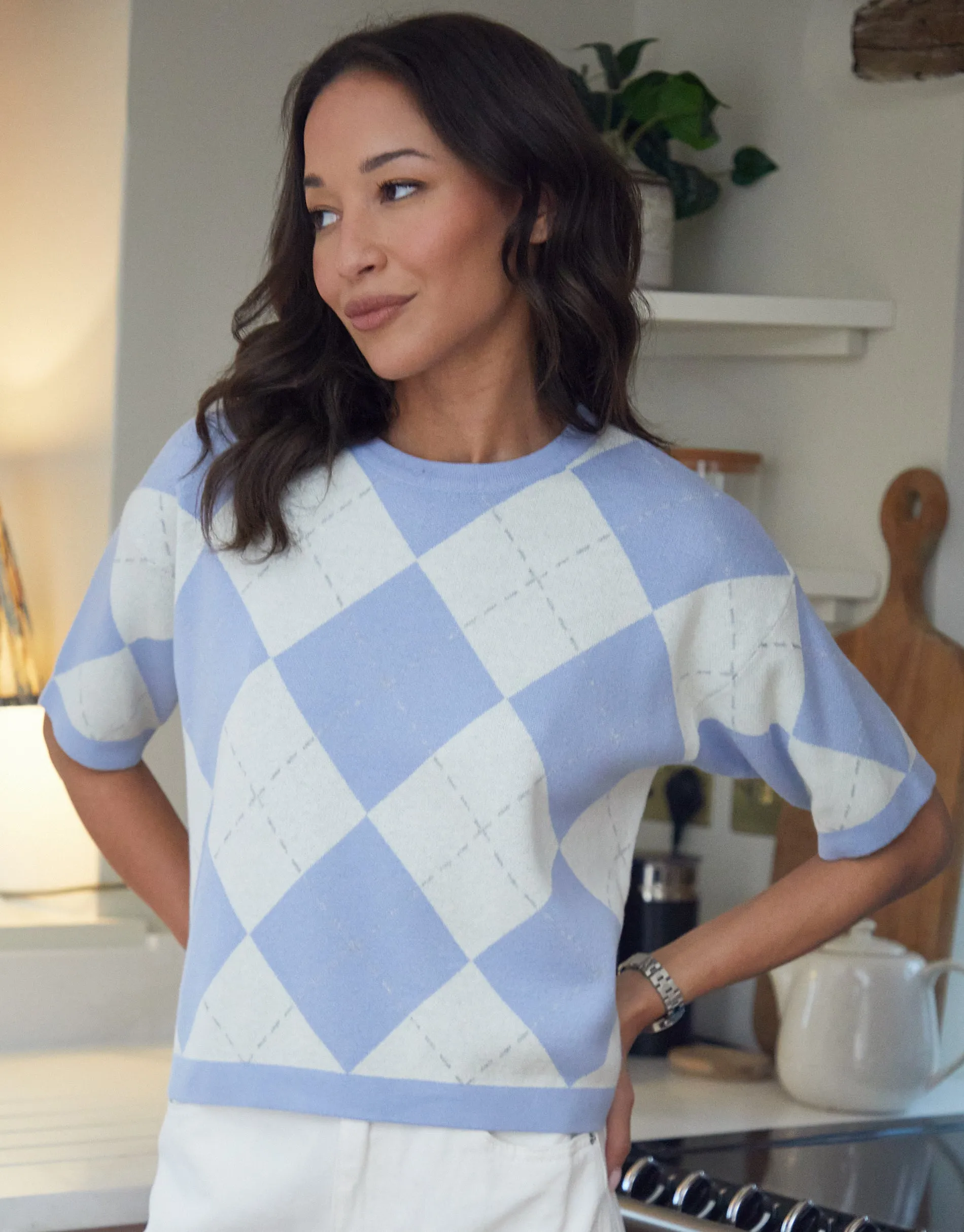 Threadbare Women's Blue Argyle Short Sleeve Knitted T-Shirt sold by Threadbare product image thumbnail 4