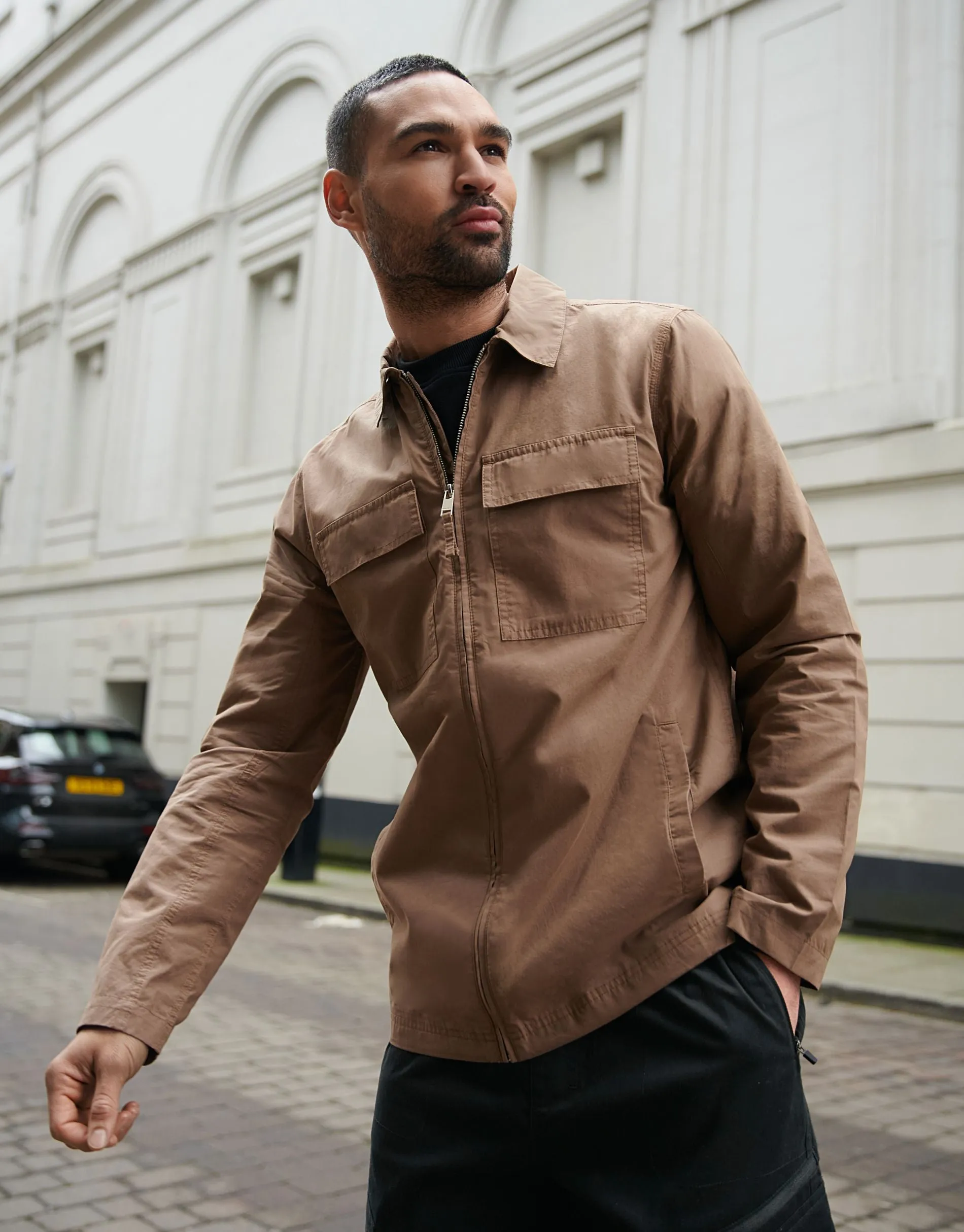 Dark Stone Cotton Poplin Collared Jacket sold by Threadbare