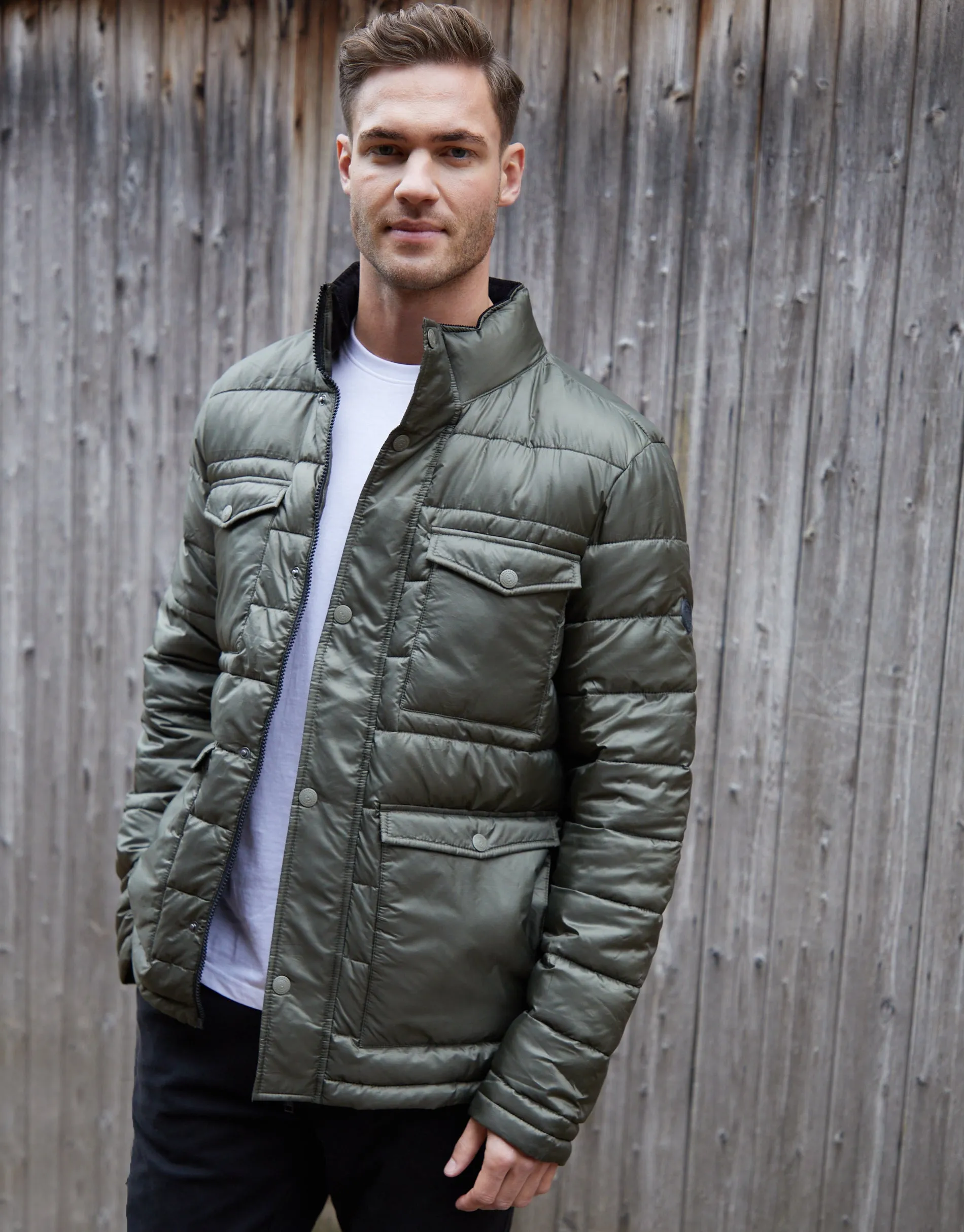 Khaki Green Funnel Neck Utility Puffer Jacket sold by Threadbare