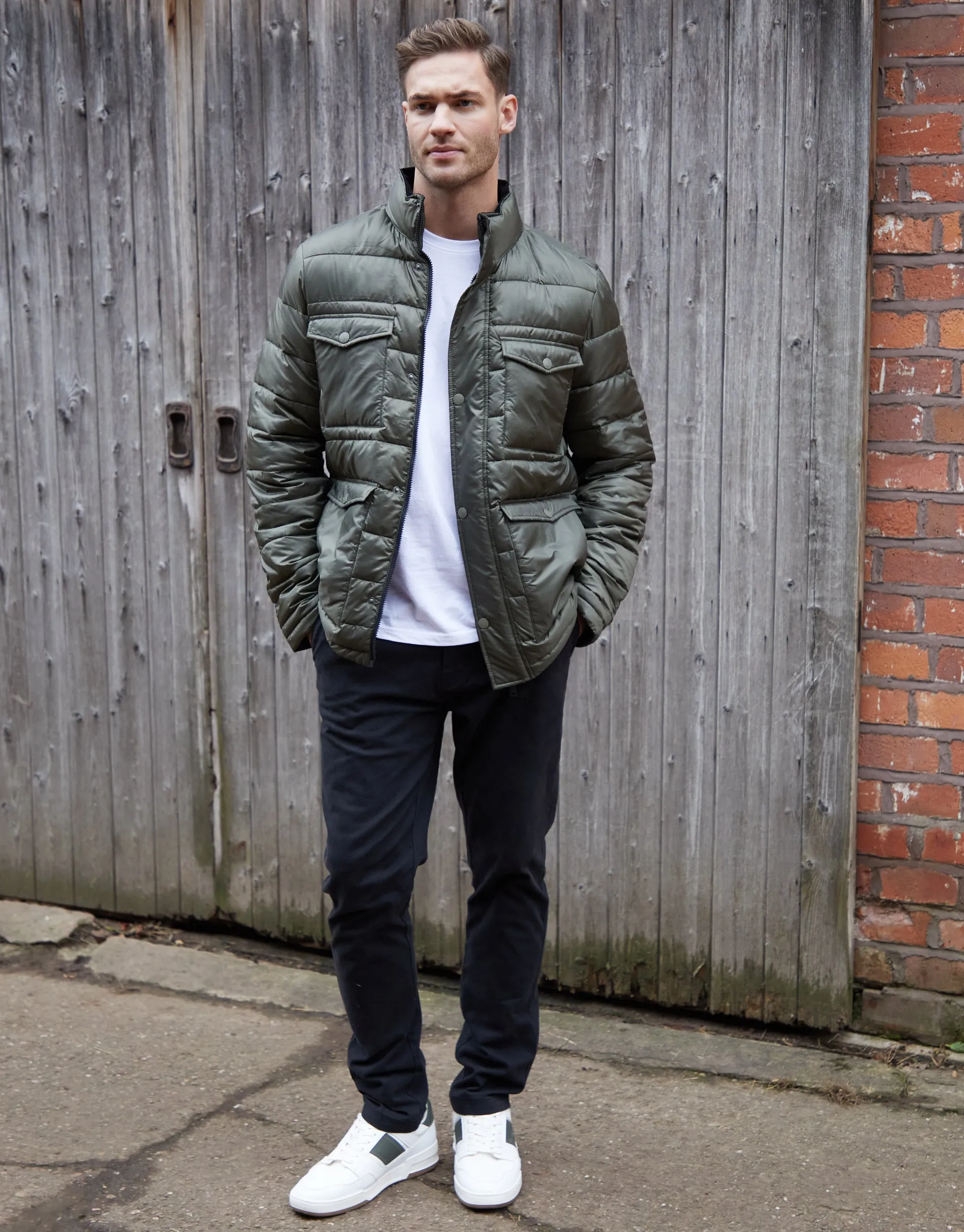 Khaki Green Funnel Neck Utility Puffer Jacket sold by Threadbare product image thumbnail 3