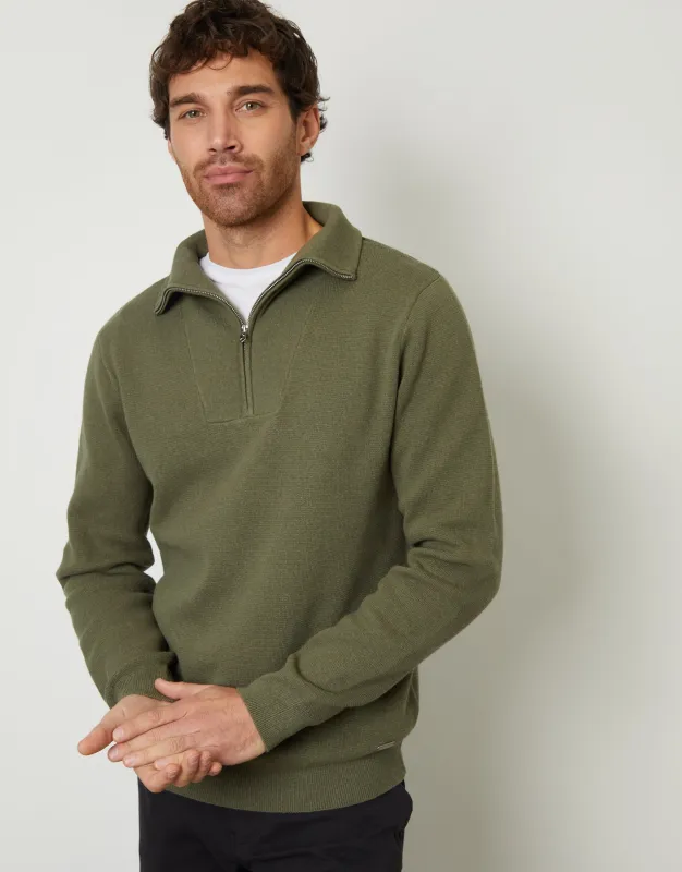 Threadbare Men's Olive Green Rib Panel Quarter Zip Jumper sold by Threadbare