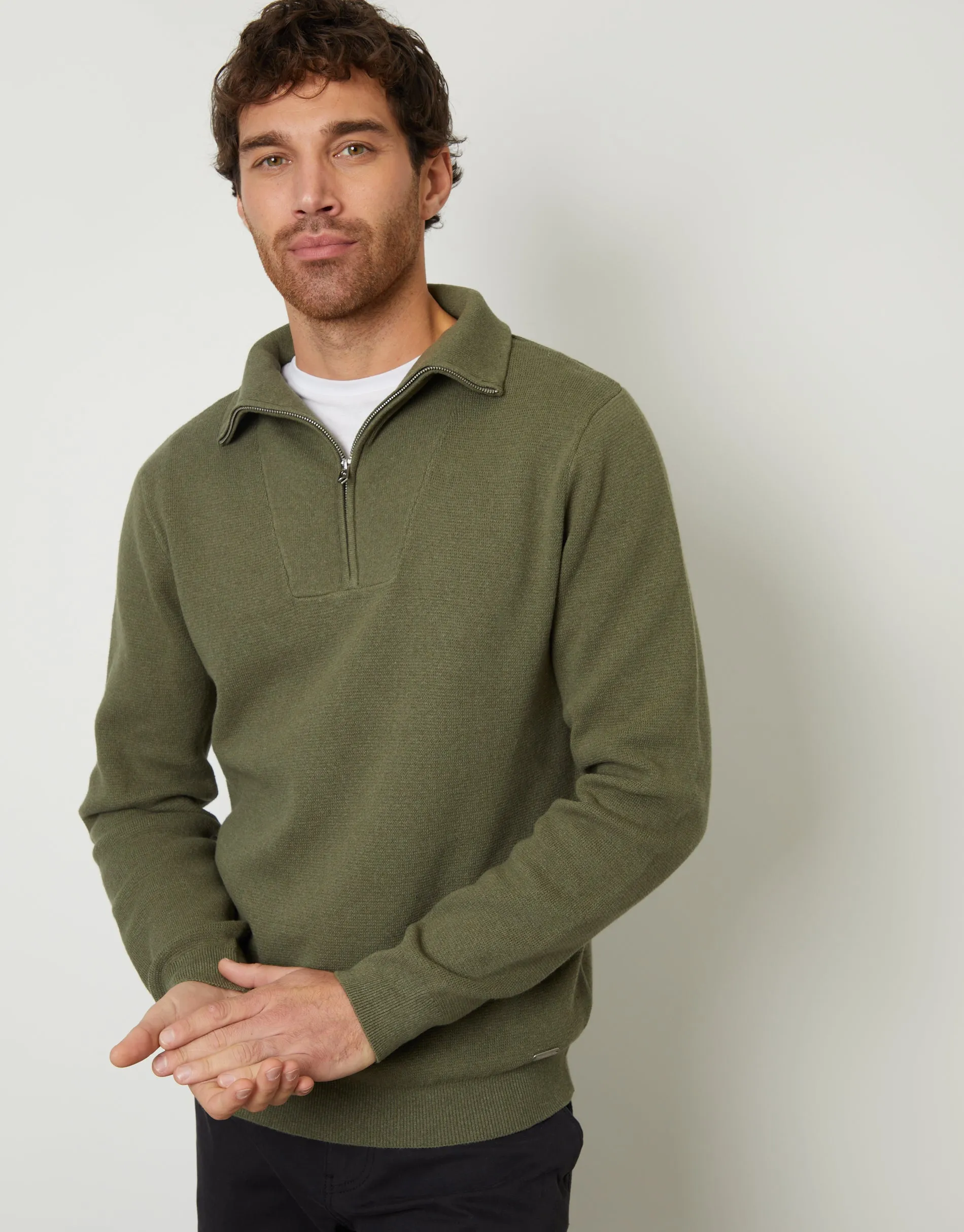 Threadbare Men's Olive Green Rib Panel Quarter Zip Jumper sold by Threadbare