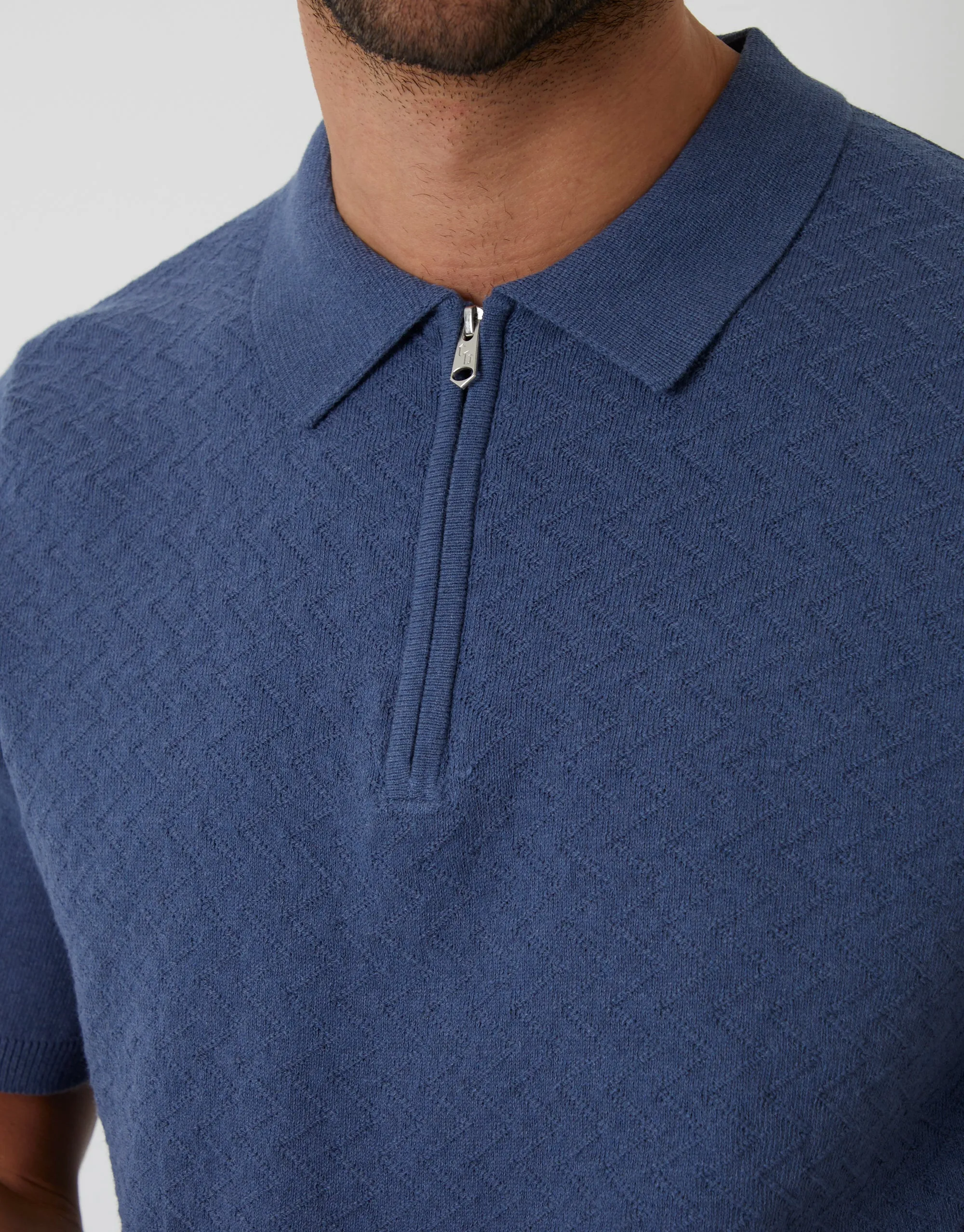 Denim Blue Textured Front Quarter Zip Knitted Polo sold by Threadbare product image thumbnail 4