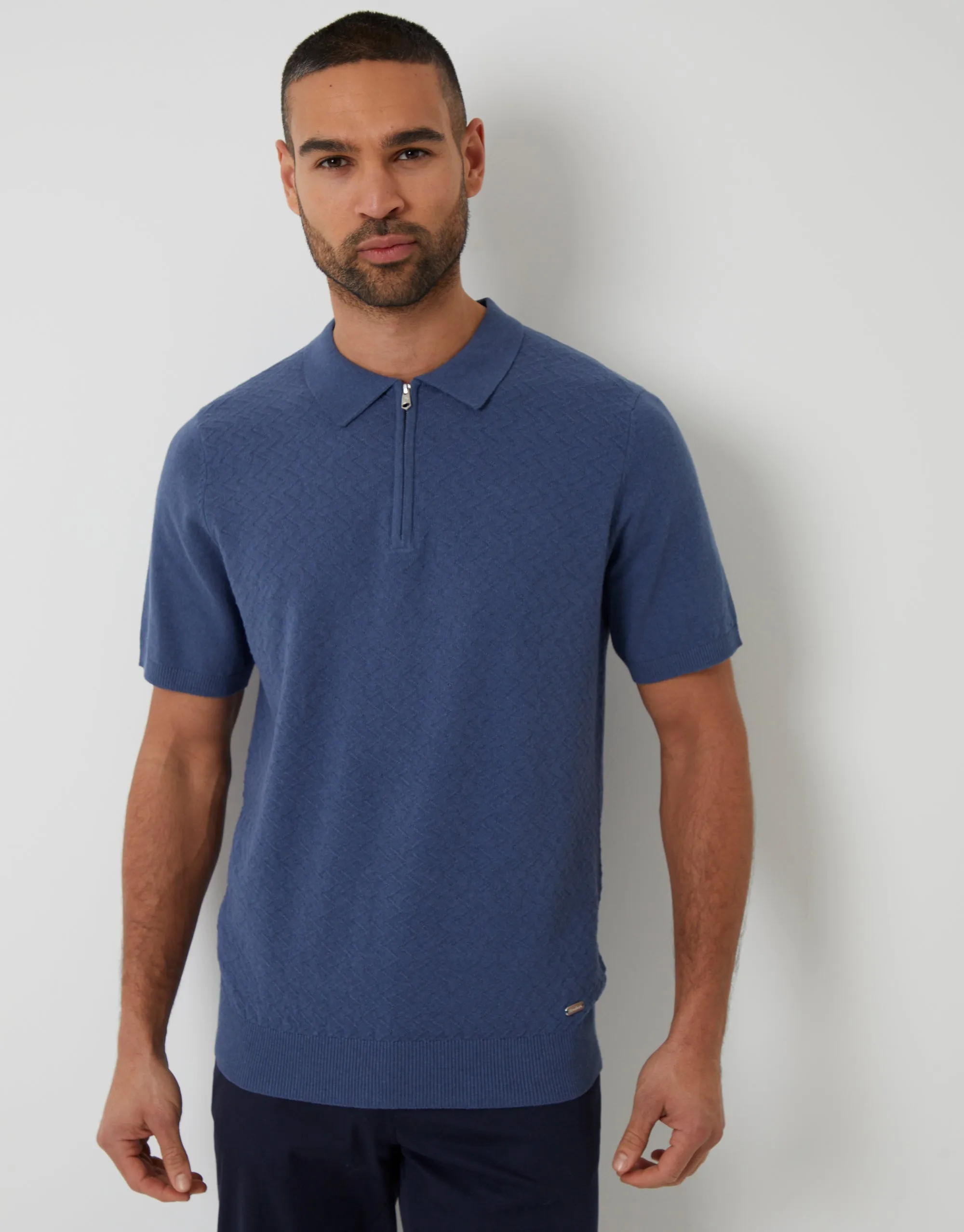 Denim Blue Textured Front Quarter Zip Knitted Polo sold by Threadbare