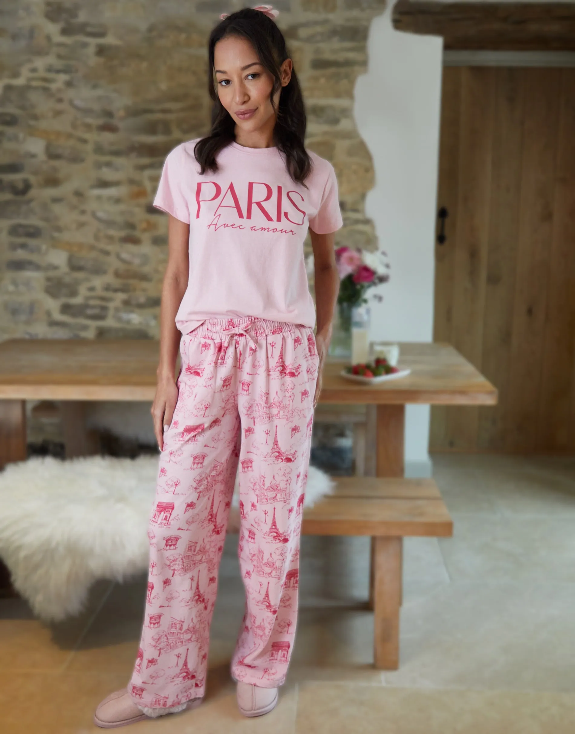 Threadbare Women's Pink Paris Graphic Print Pyjamas (2-Piece Set) sold by Threadbare