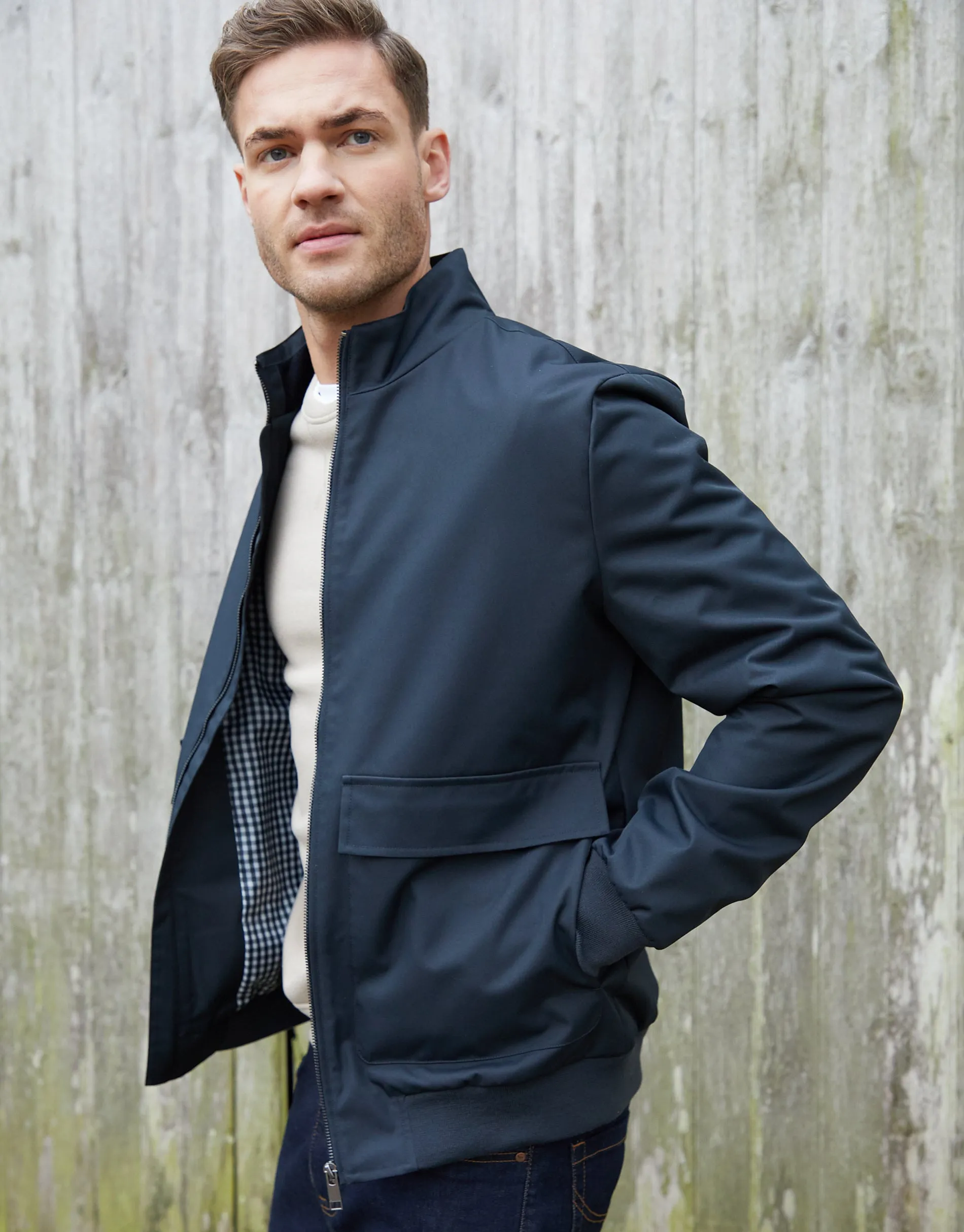Navy Patch Pocket Funnel Neck Harrington Style Jacket sold by Threadbare