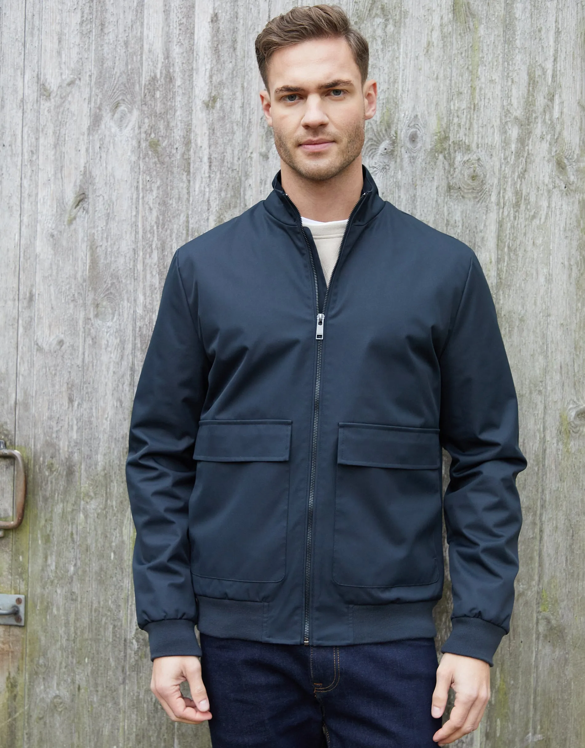 Navy Patch Pocket Funnel Neck Harrington Style Jacket sold by Threadbare product image thumbnail 5