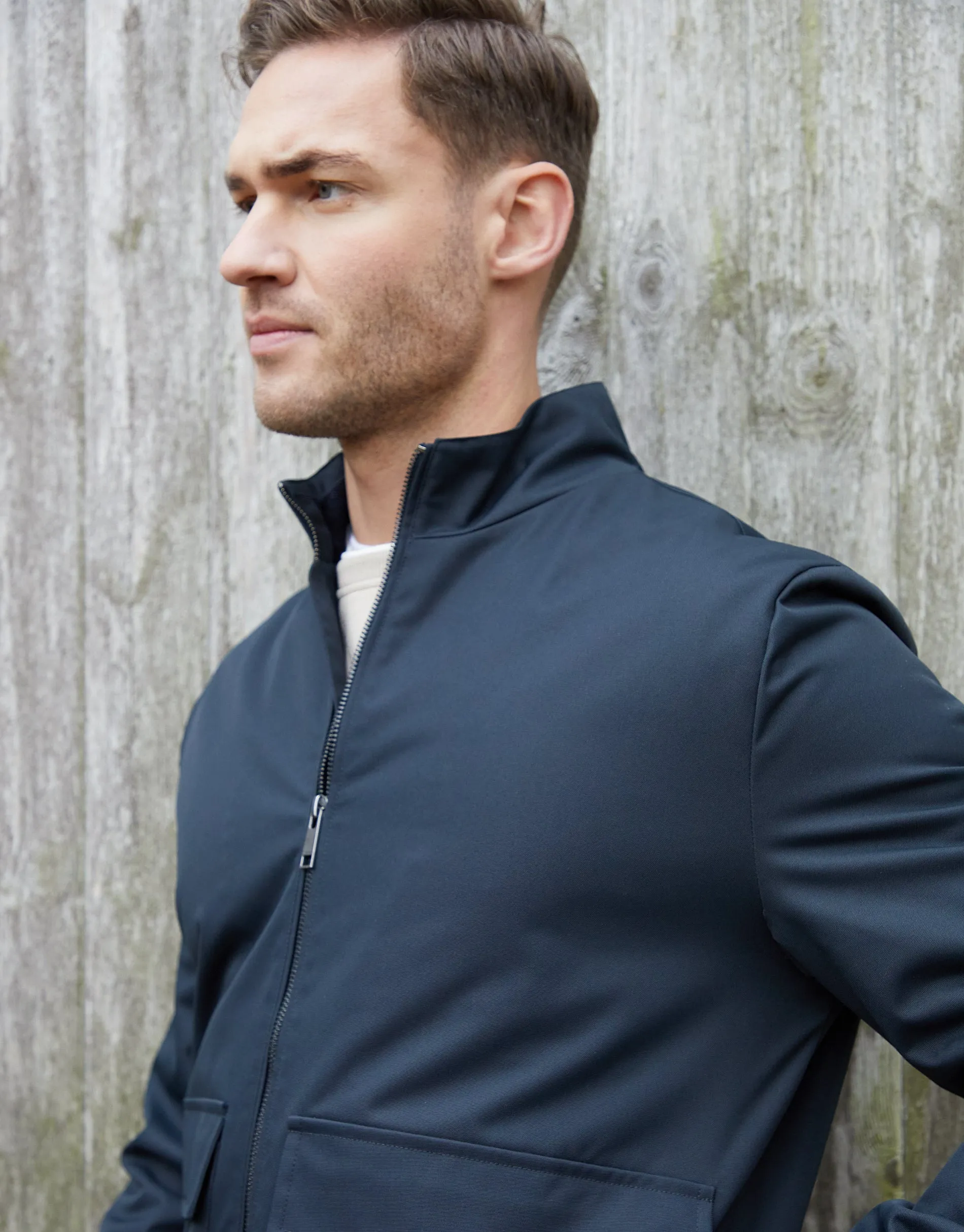 Navy Patch Pocket Funnel Neck Harrington Style Jacket sold by Threadbare product image thumbnail 4
