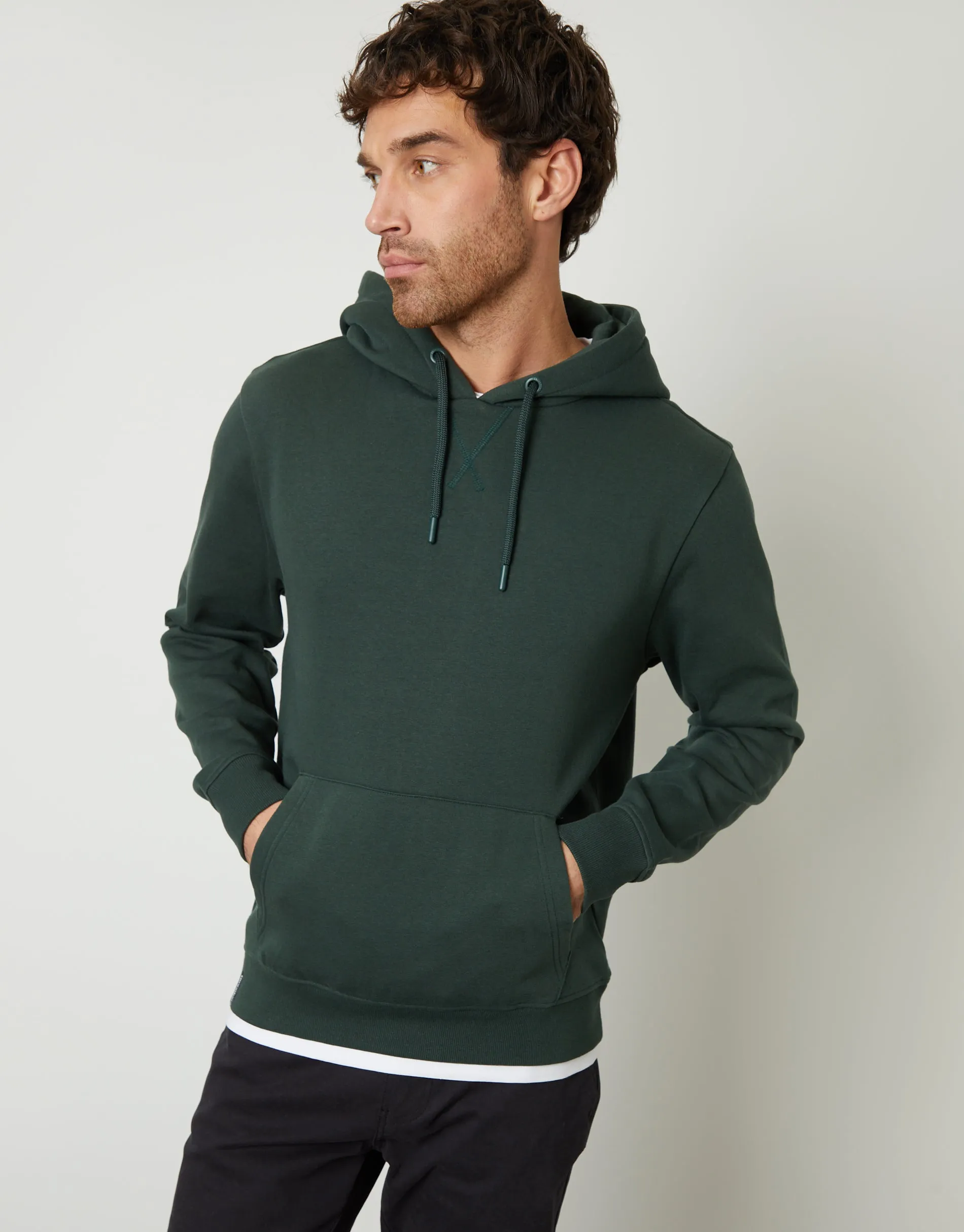 Forest Green Mock T-Shirt Overhead Hoodie sold by Threadbare