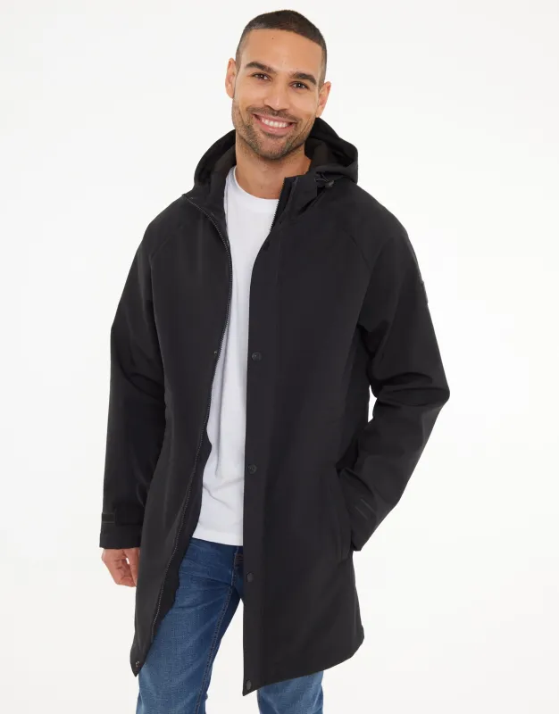 Black Stretch Hooded Tie Waist Coat sold by Threadbare