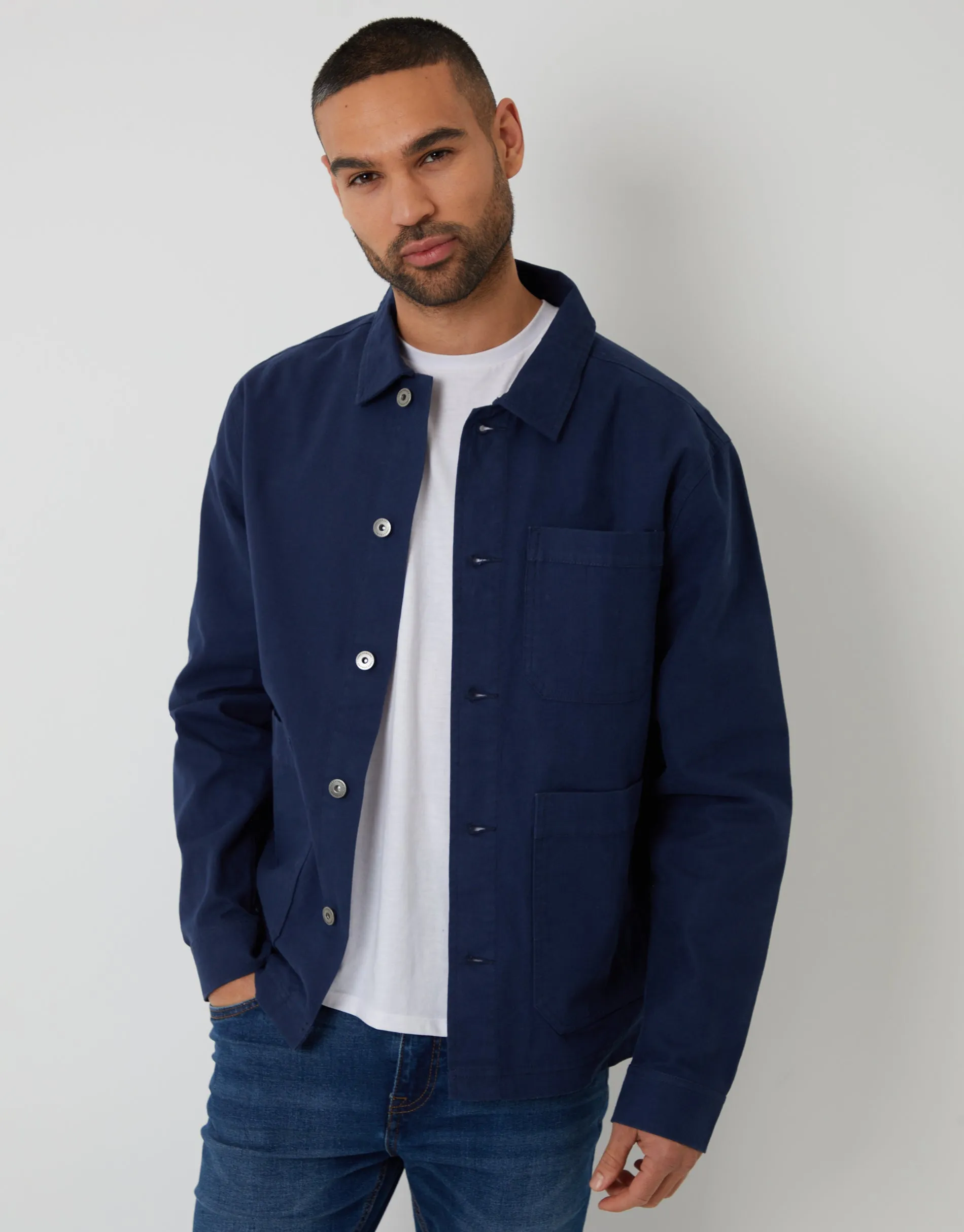 Navy Button Up Lightweight Collared Utility Jacket sold by Threadbare