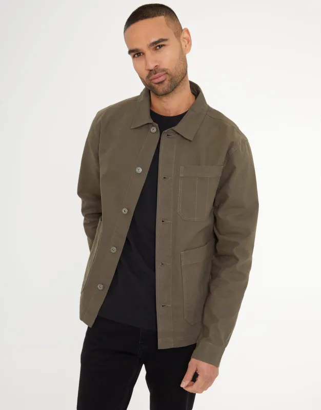 Khaki Green Button Up Lightweight Collared Utility Jacket sold by Threadbare