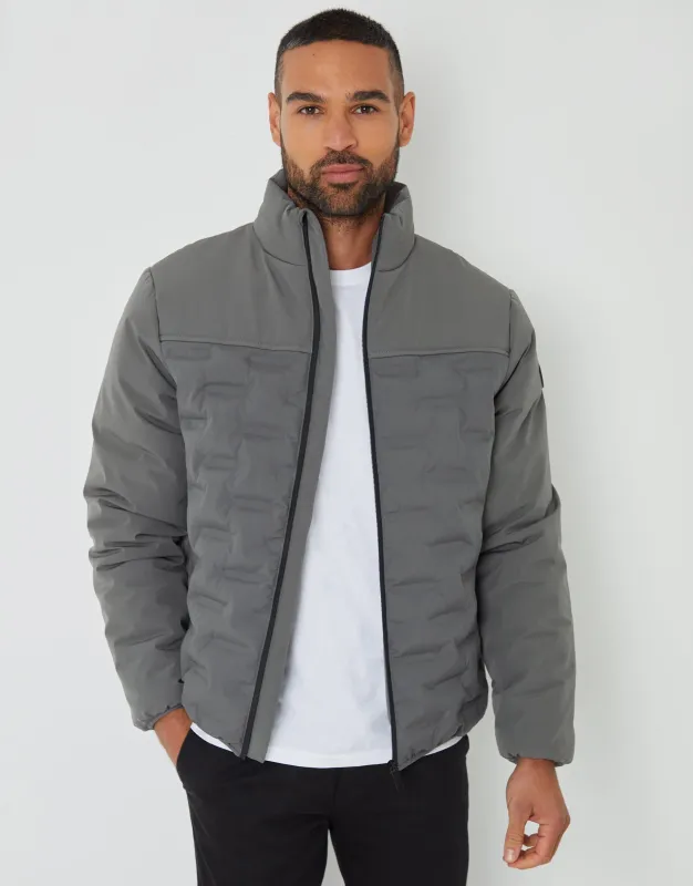 Slate Grey Quilted Panel Funnel Neck Jacket sold by Threadbare