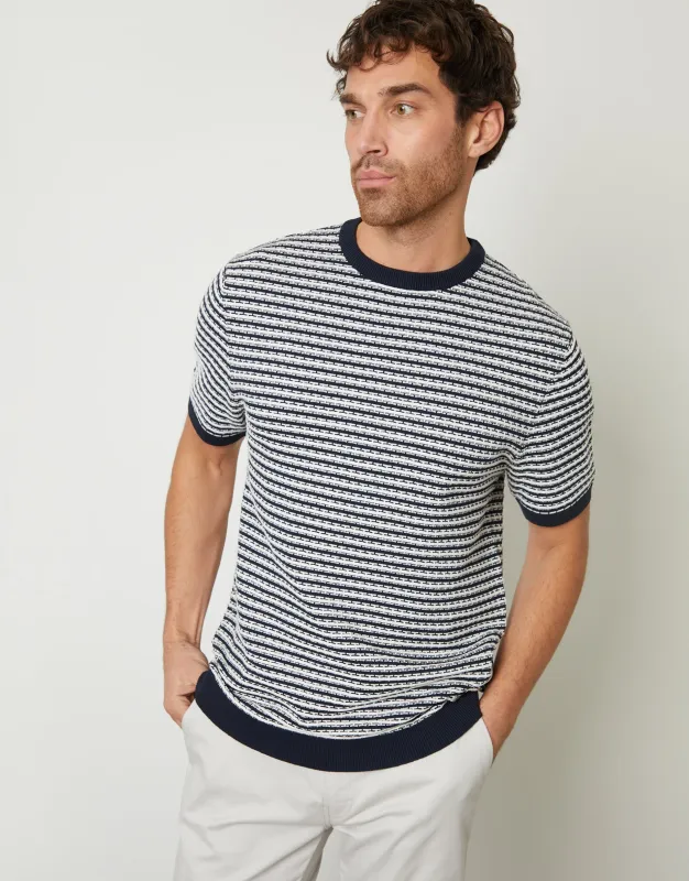 Navy Stripe Textured Knitted T-Shirt sold by Threadbare