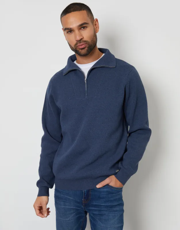 Denim Blue Rib Panel Quarter Zip Jumper sold by Threadbare