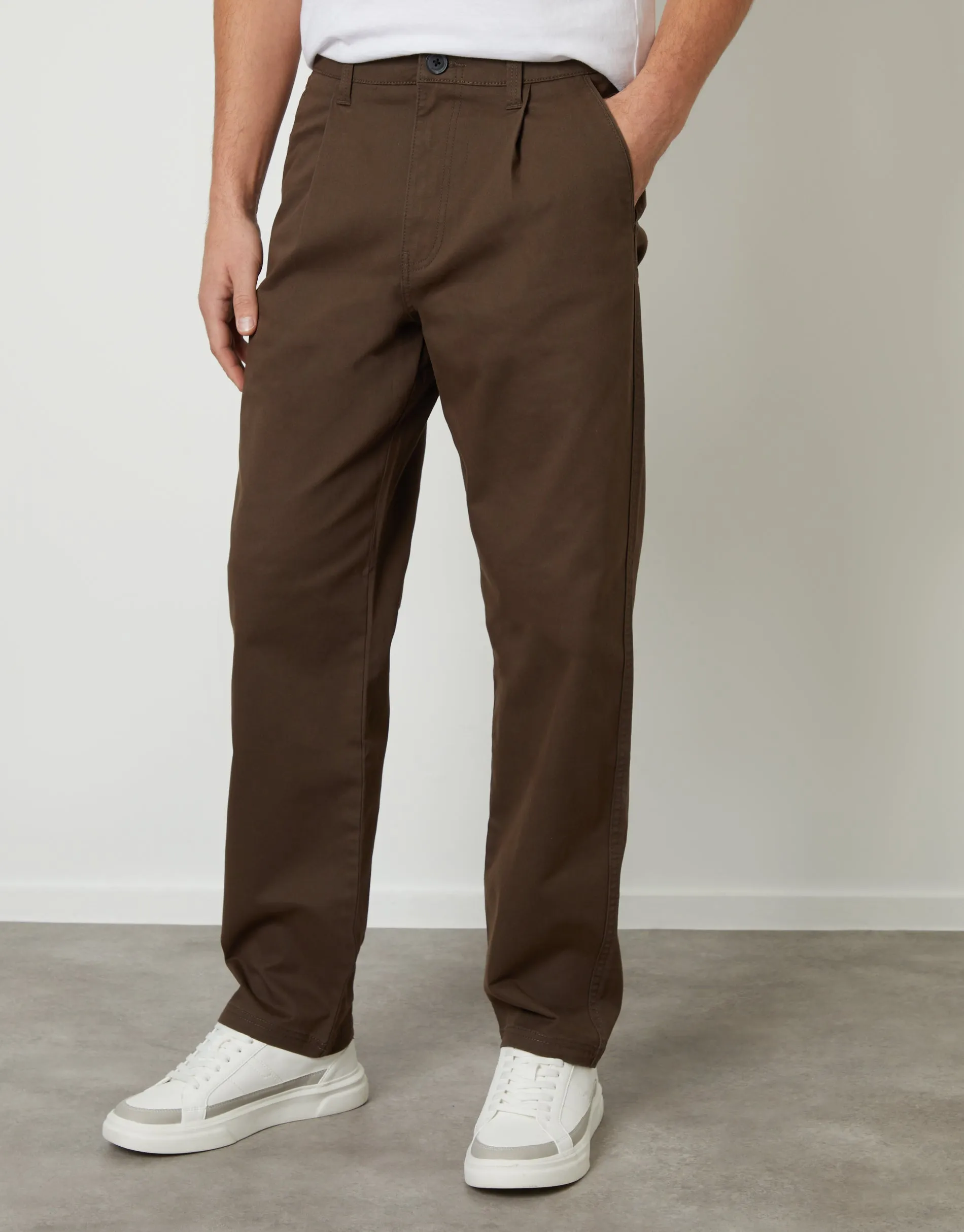 Chocolate Brown Straight Leg Pleated Chino Trousers sold by Threadbare