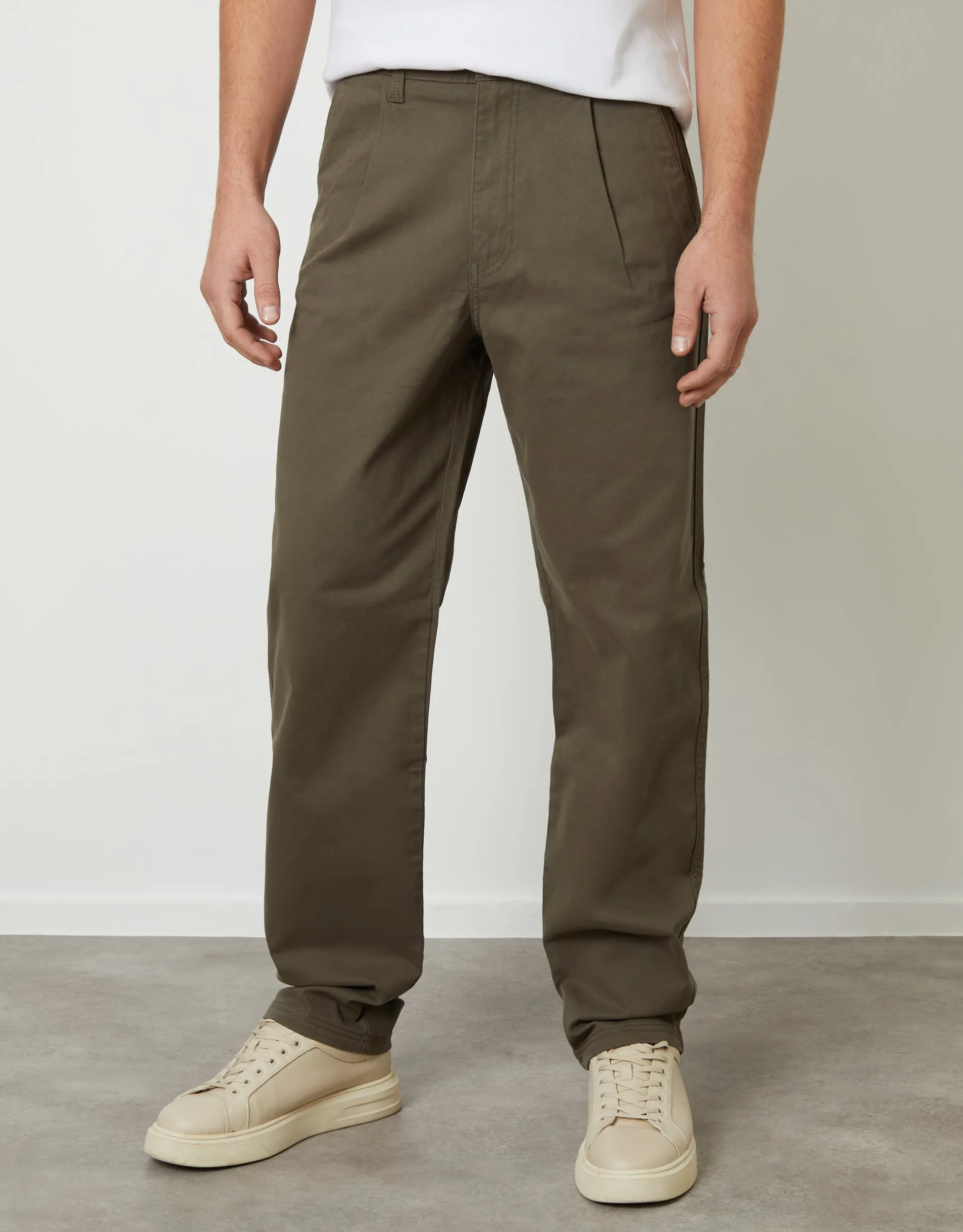Khaki Green Straight Leg Pleated Chino Trousers sold by Threadbare