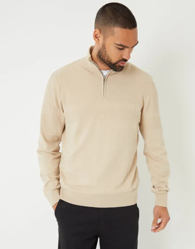 Threadbare Men's Beige Basket Stitch Detail Knitted Quarter Zip Jumper sold by Threadbare