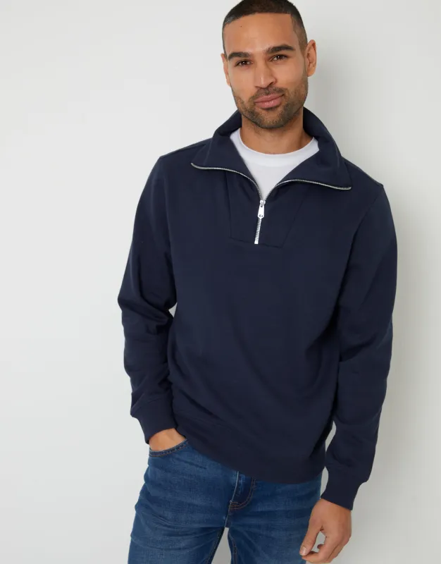 Navy Quarter Zip Funnel Neck Sweatshirt sold by Threadbare
