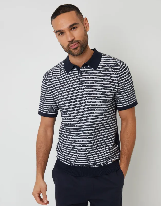 Navy Textured Stripe Knitted Polo Shirt sold by Threadbare