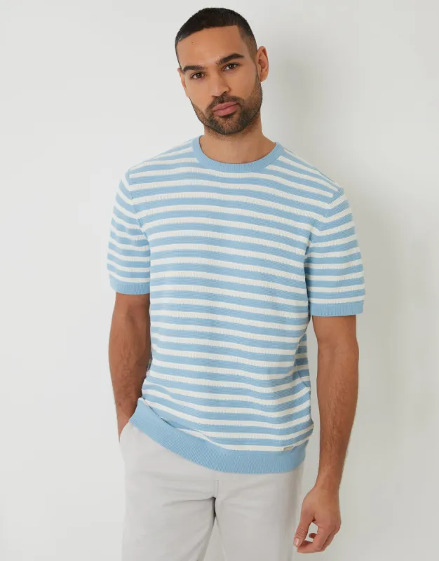 Blue Striped Textured Knitted T-Shirt sold by Threadbare