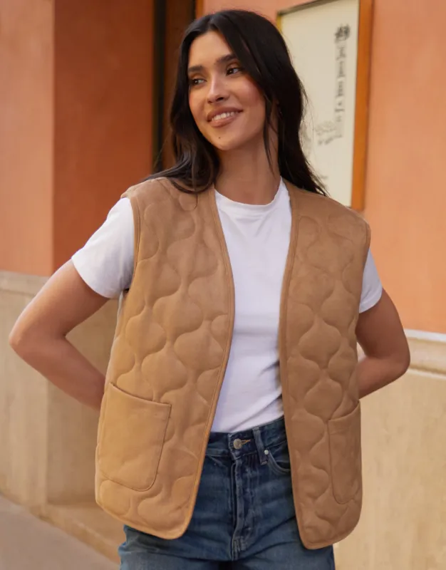 Tan Brown Suedette Onion Quilted Gilet sold by Threadbare