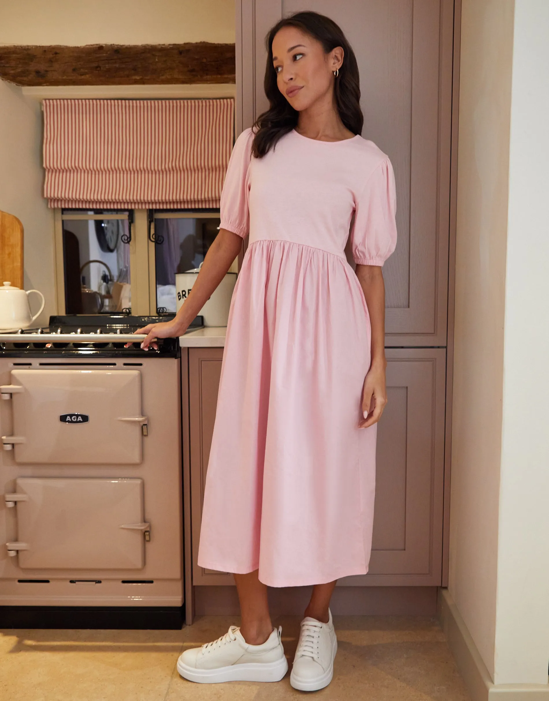 Threadbare Women's Pink Puff Sleeve Jersey Poplin Mix Maxi Dress sold by Threadbare product image thumbnail 3