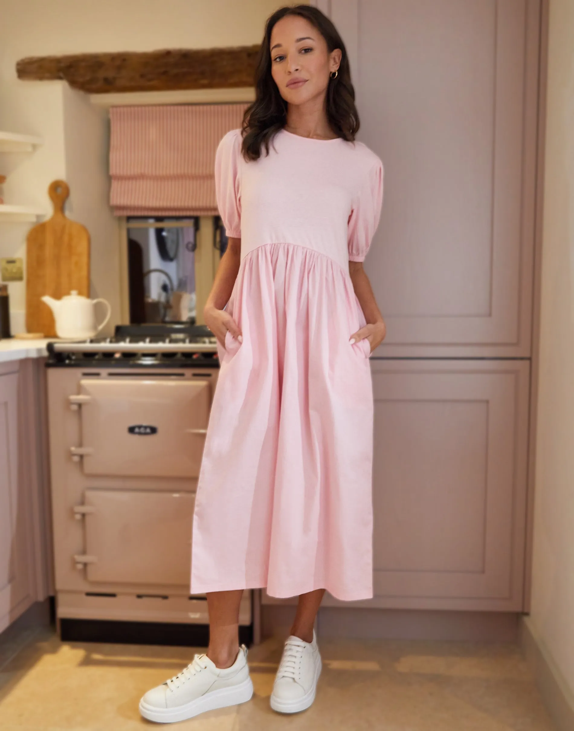 Threadbare Women's Pink Puff Sleeve Jersey Poplin Mix Maxi Dress sold by Threadbare
