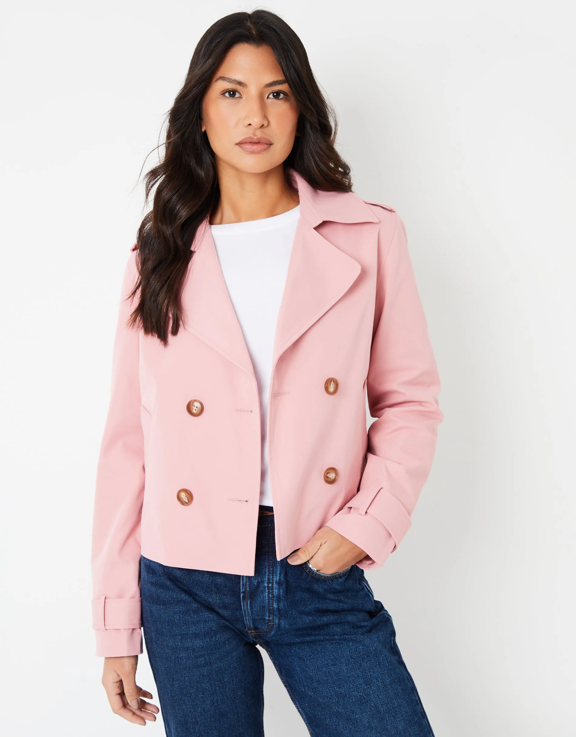 Threadbare Women's Pink Double Breasted Cropped Trench Coat sold by Threadbare
